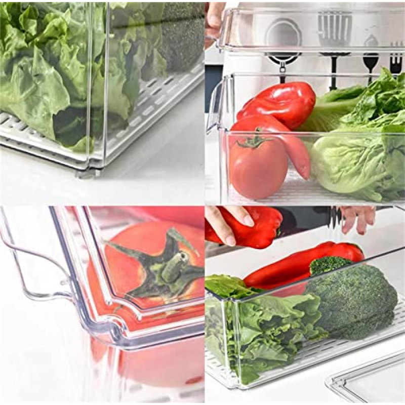 Yustuf 10팩 투명 쌓을 수 있는 냉장고 정리함(라이너 4개 포함), 플라스틱 식품 저장실 정리함 및 뚜껑이 있는 보관함 냉장고용 야채 과일 보관 용기
