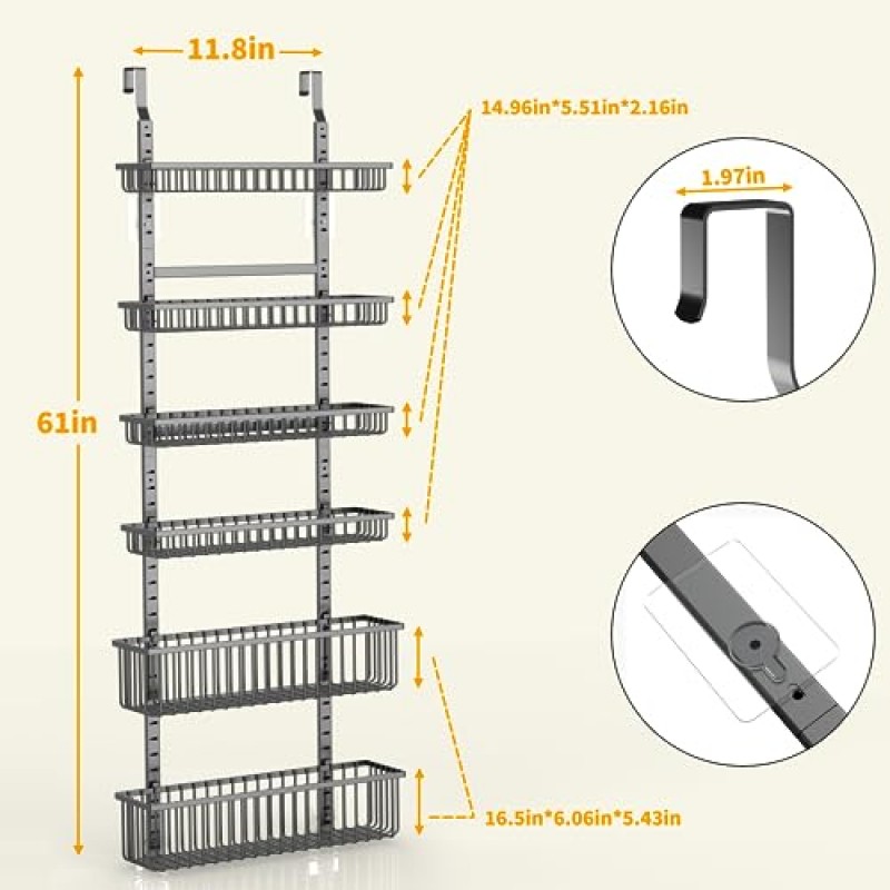Moforoco 6단 도어형 식료품 저장실 정리함, 튼튼한 금속(바구니 6개 포함), 걸이형 보관함 및 주방용 정리함, 스파이스 랙(6.06x5.43 너비 바구니, 검정색)