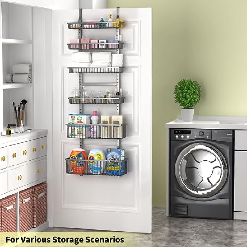 Moforoco 6단 도어형 식료품 저장실 정리함, 튼튼한 금속(바구니 6개 포함), 걸이형 보관함 및 주방용 정리함, 스파이스 랙(6.06x5.43 너비 바구니, 검정색)