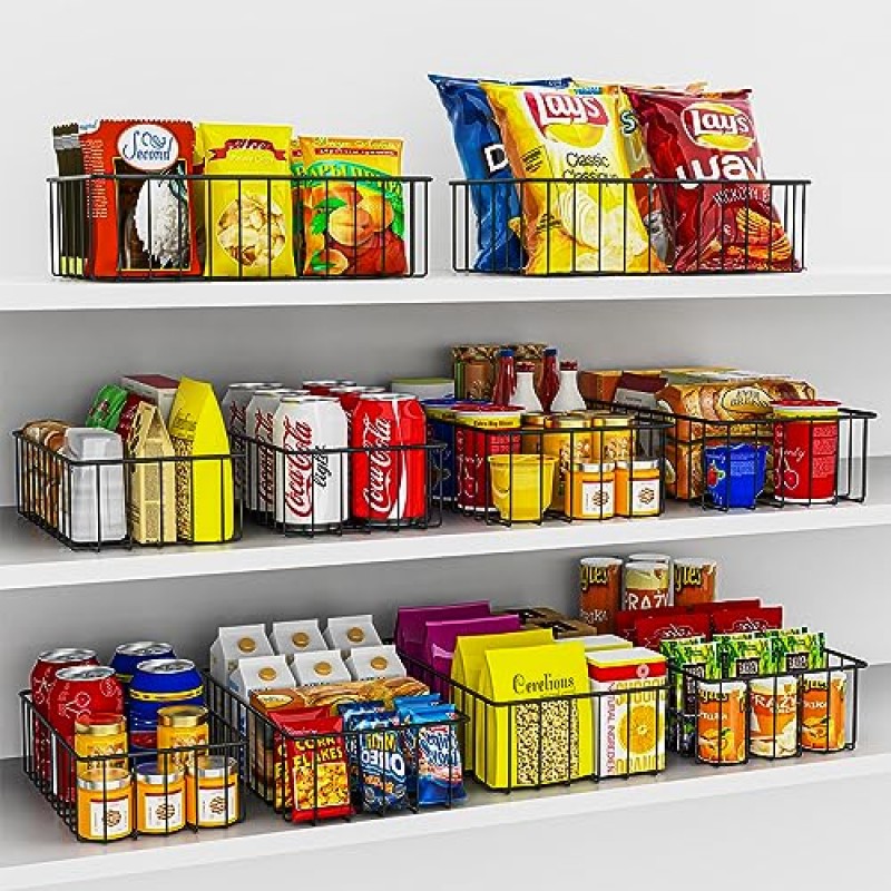 12 팩(3 Szie) 정리용 와이어 보관 바구니, 캐비닛용 식품 저장실 정리함, 주방용 금속 바구니, 세탁실, 차고, 냉장고, 욕실 조리대, 냉동고 정리함(검은색)