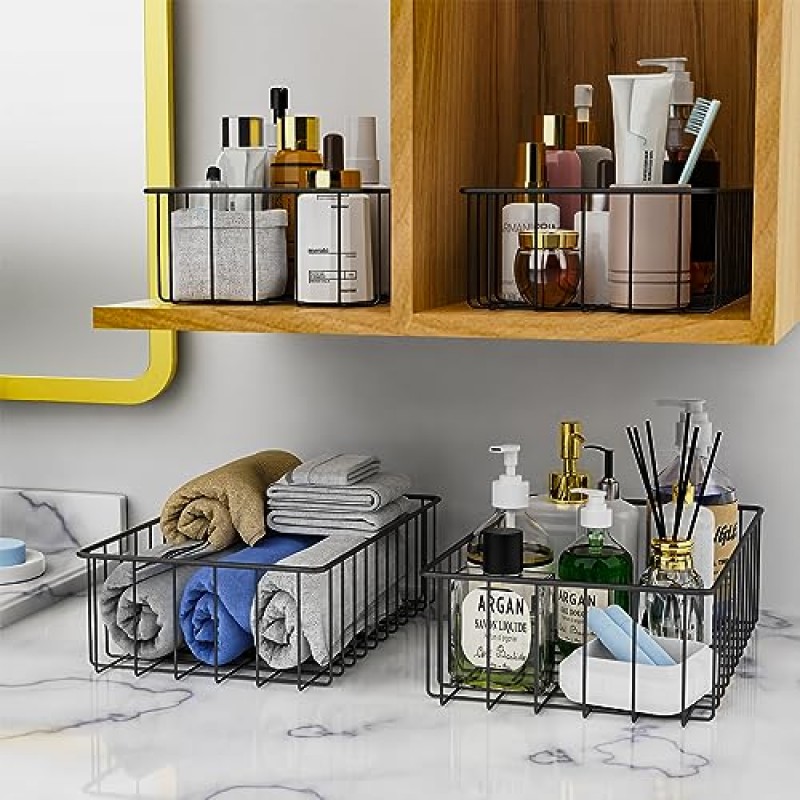 12 팩(3 Szie) 정리용 와이어 보관 바구니, 캐비닛용 식품 저장실 정리함, 주방용 금속 바구니, 세탁실, 차고, 냉장고, 욕실 조리대, 냉동고 정리함(검은색)