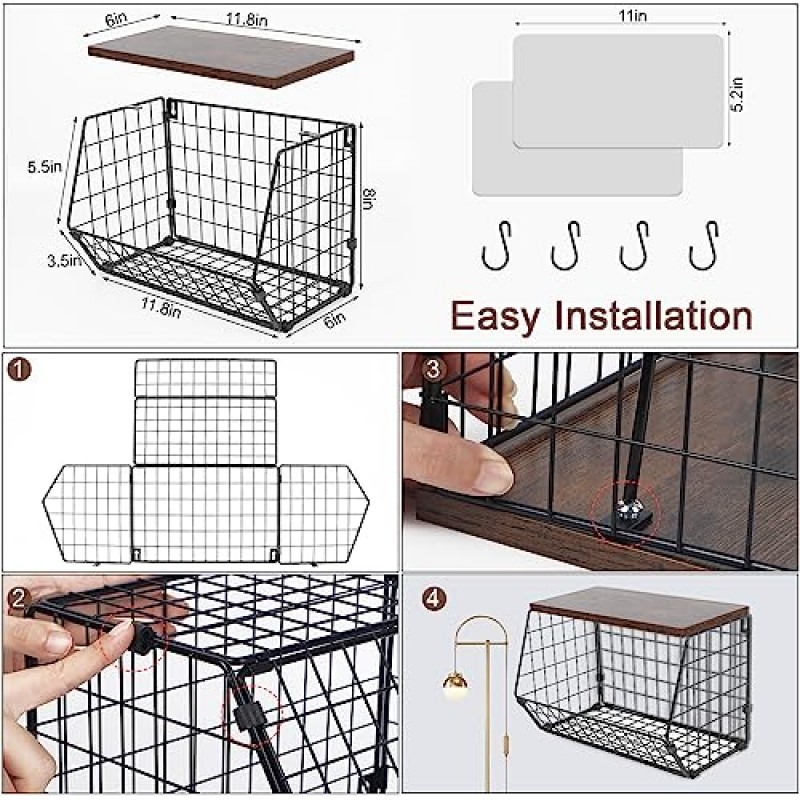 주방 카운터용 2단 과일 바구니, 주방용 걸이 과일 바구니, 후크가 있는 벽 바구니 보관함, 보관용 쌓을 수 있는 와이어 바구니 식료품 저장실, 나무 뚜껑이 있는 감자 및 양파 보관함