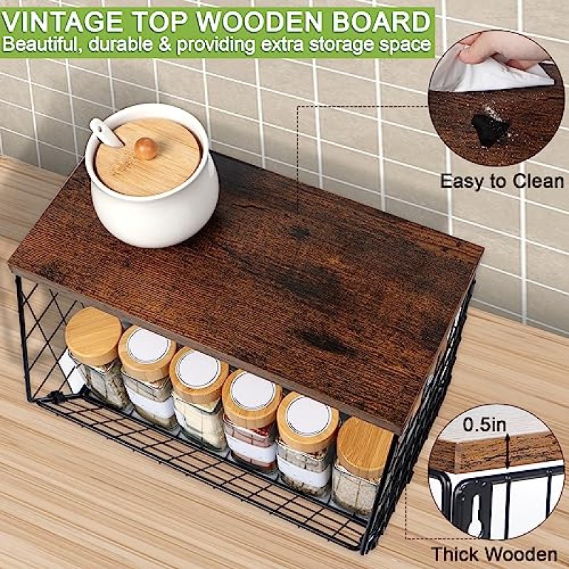 주방 카운터용 2단 과일 바구니, 주방용 걸이 과일 바구니, 후크가 있는 벽 바구니 보관함, 보관용 쌓을 수 있는 와이어 바구니 식료품 저장실, 나무 뚜껑이 있는 감자 및 양파 보관함