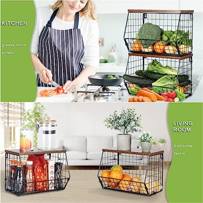 주방 카운터용 2단 과일 바구니, 주방용 걸이 과일 바구니, 후크가 있는 벽 바구니 보관함, 보관용 쌓을 수 있는 와이어 바구니 식료품 저장실, 나무 뚜껑이 있는 감자 및 양파 보관함