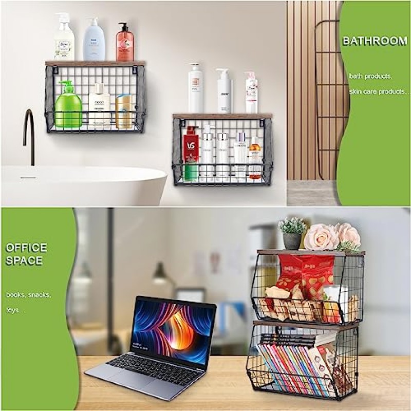 주방 카운터용 2단 과일 바구니, 주방용 걸이 과일 바구니, 후크가 있는 벽 바구니 보관함, 보관용 쌓을 수 있는 와이어 바구니 식료품 저장실, 나무 뚜껑이 있는 감자 및 양파 보관함