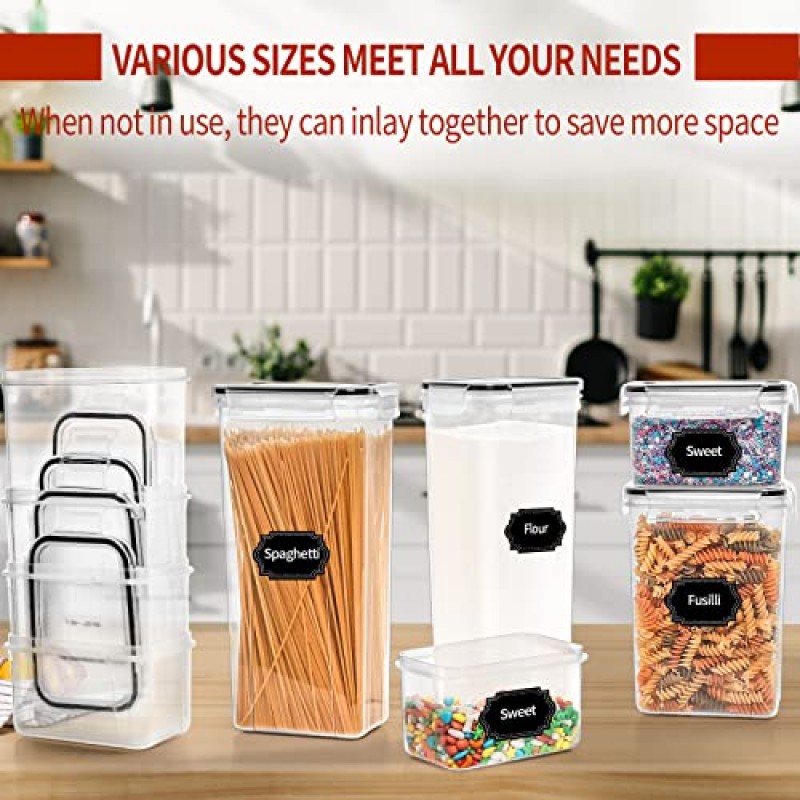 Skroam 24팩 주방 식료품 저장실 정리 및 보관을 위한 뚜껑이 있는 밀폐 식품 저장 용기, BPA 프리, 시리얼, 파스타, 밀가루 및 설탕용 플라스틱 용기 세트 - 스푼 세트, 라벨 및 마커.