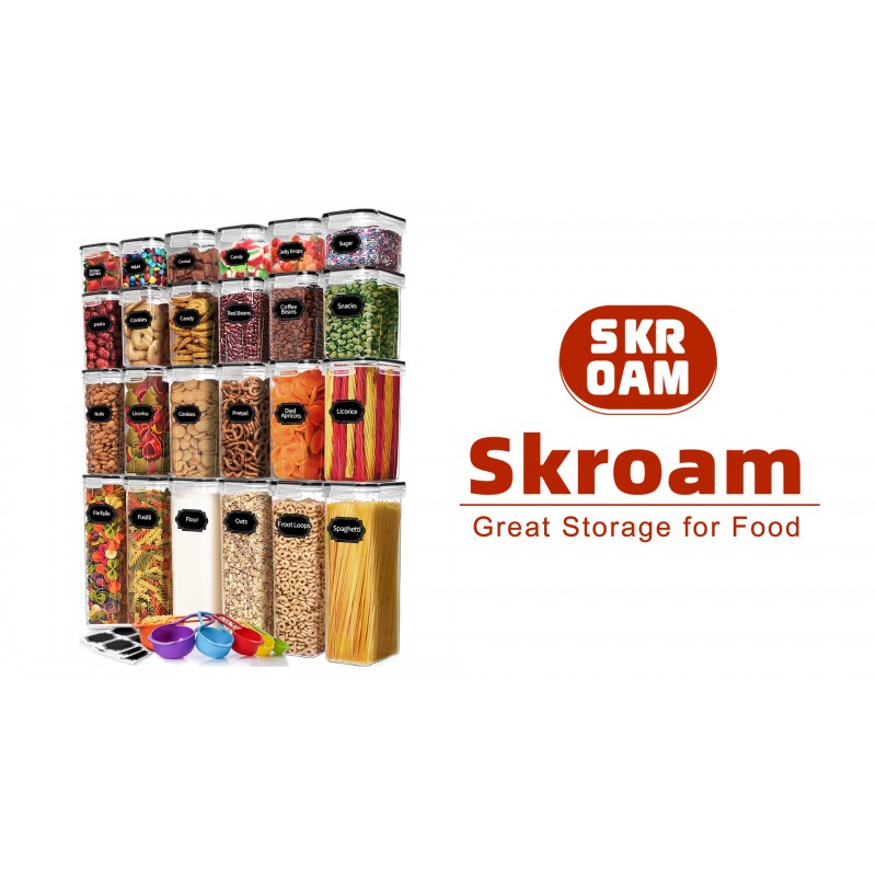 Skroam 24팩 주방 식료품 저장실 정리 및 보관을 위한 뚜껑이 있는 밀폐 식품 저장 용기, BPA 프리, 시리얼, 파스타, 밀가루 및 설탕용 플라스틱 용기 세트 - 스푼 세트, 라벨 및 마커.