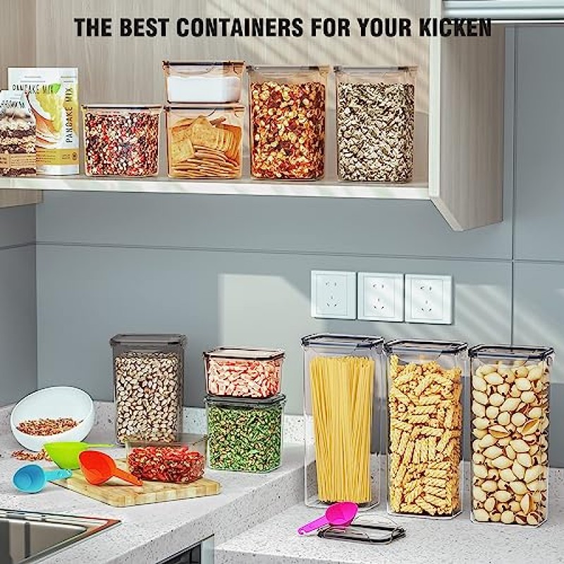 뚜껑이 있는 12개 밀폐 식품 저장 용기 - 플라스틱 식료품 저장실 보관 용기 - 100% 누출 방지 재사용 가능한 조직 및 보관, 시리얼, 설탕, 쌀, 파스타 및 밀가루용 BPA 프리 투명 용기