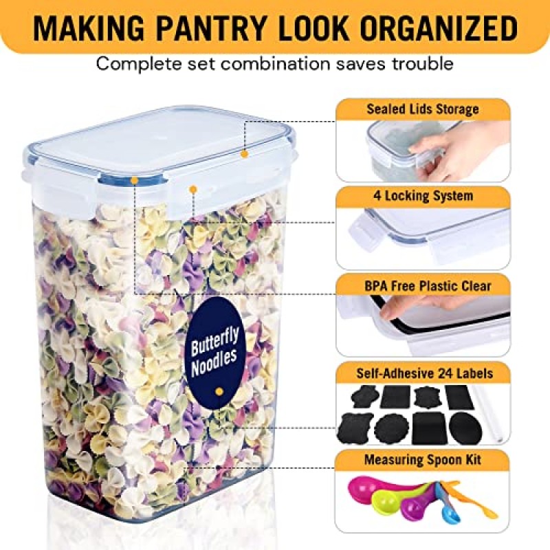 뚜껑이 있는 기밀 식품 저장 용기 밀폐형 쌓을 수 있는 14팩 식료품 저장실 정리 및 시리얼, 건조 식품, 밀가루 및 설탕, 쌀용 보관 용기 세트 - 프리 마커 및 24개 라벨