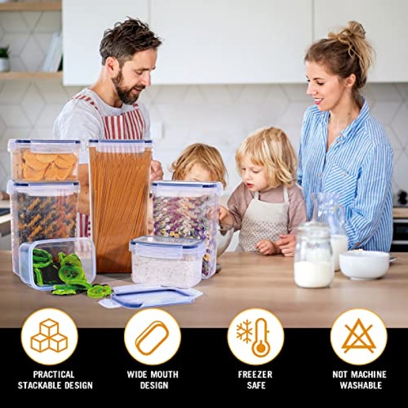 뚜껑이 있는 기밀 식품 저장 용기 밀폐형 쌓을 수 있는 14팩 식료품 저장실 정리 및 시리얼, 건조 식품, 밀가루 및 설탕, 쌀용 보관 용기 세트 - 프리 마커 및 24개 라벨