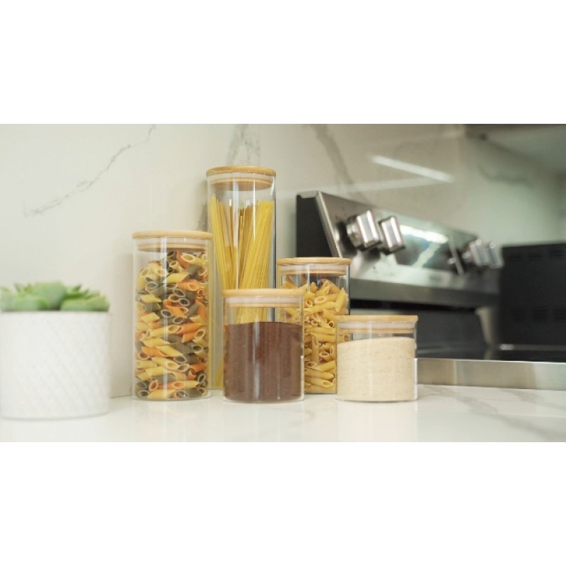 밀폐된 대나무 뚜껑이 있는 유리 주방 용기 5개 세트 - 식품 저장실 정리용 유리 보관 용기 및 밀가루, 커피, 쿠키 용기, 사탕, 스낵, 파스타, 쌀, 설탕 패킷 홀더용 욕실