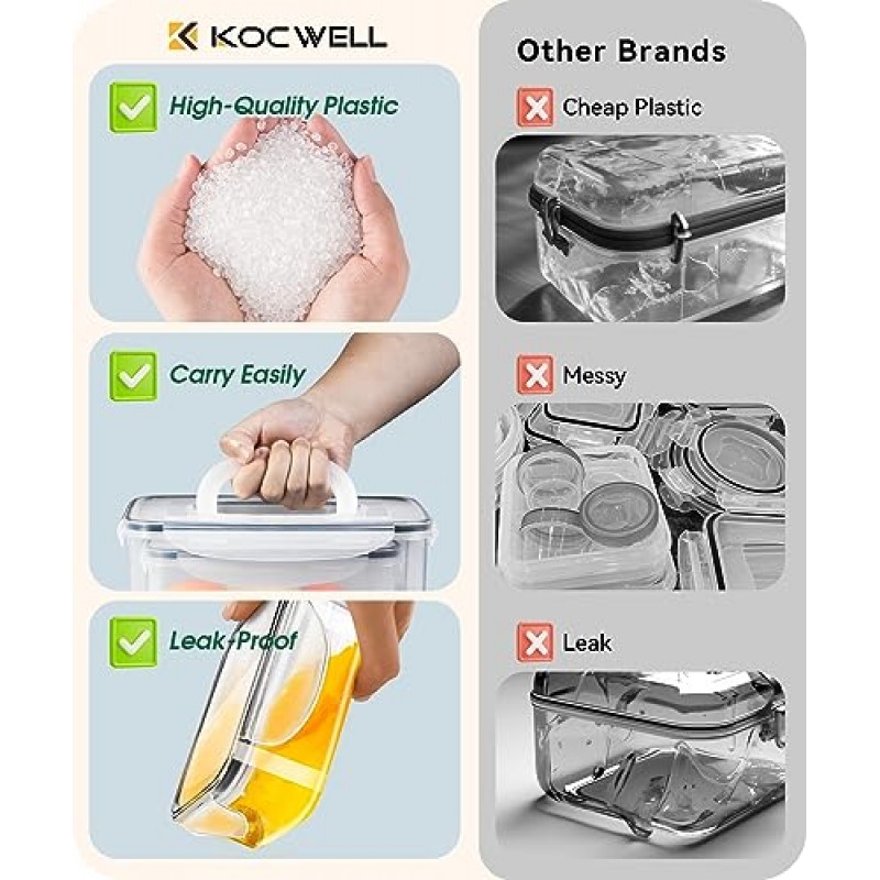 KOCWELL 밀폐형 뚜껑이 있는 식품 저장 용기 세트, 6 PCS 플라스틱 식사 준비 용기 및 주방 정리, BPA 프리/100% 누출 방지 도시락 상자, 재사용 가능 및 전자레인지 안전