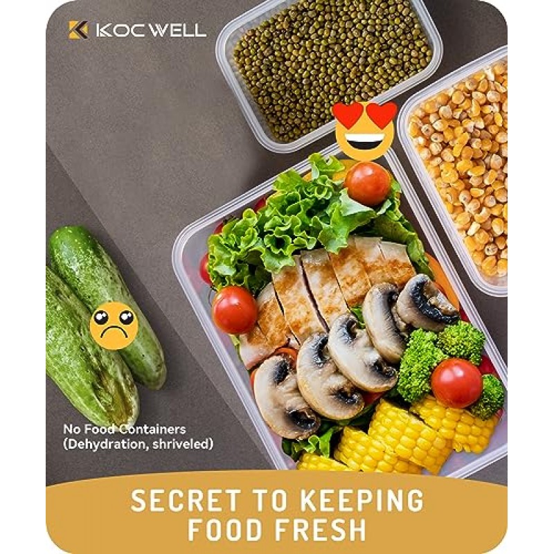 KOCWELL 밀폐형 뚜껑이 있는 식품 저장 용기 세트, 6 PCS 플라스틱 식사 준비 용기 및 주방 정리, BPA 프리/100% 누출 방지 도시락 상자, 재사용 가능 및 전자레인지 안전