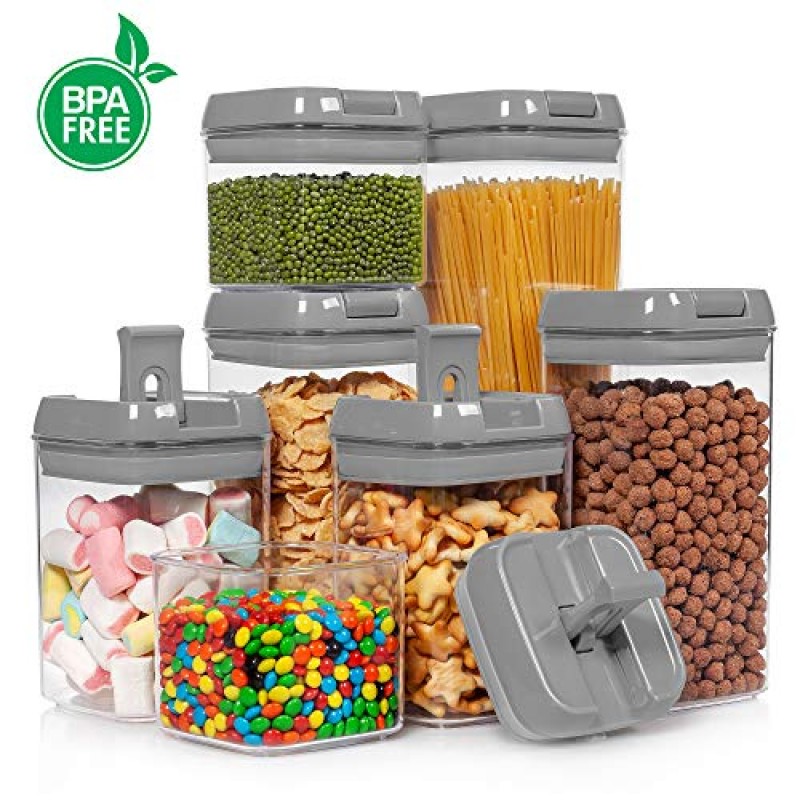 Vtopmart 밀폐 식품 보관 용기, 7개 BPA 프리 플라스틱 시리얼 용기, 간편한 잠금 뚜껑 포함, 주방 식료품 저장실 정리 및 보관용, 라벨 24개 포함, 회색