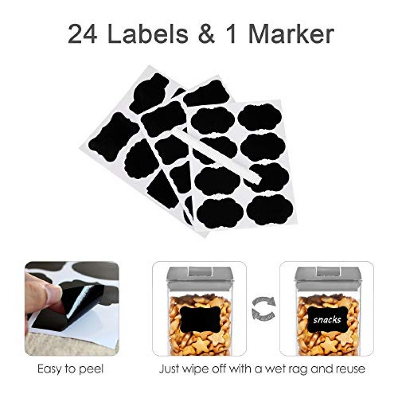 Vtopmart 밀폐 식품 보관 용기, 7개 BPA 프리 플라스틱 시리얼 용기, 간편한 잠금 뚜껑 포함, 주방 식료품 저장실 정리 및 보관용, 라벨 24개 포함, 회색