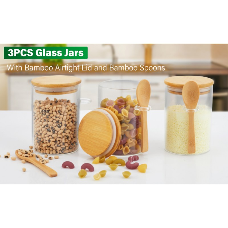 대나무 밀폐 뚜껑과 스푼이 포함된 3팩 유리 용기 항아리, 15Oz 유리 식품 저장 용기, 커피 콩, 차, 밀가루, 소금, 견과류, 사탕, 쿠키 등을 위한 주방 정리 항아리 세트