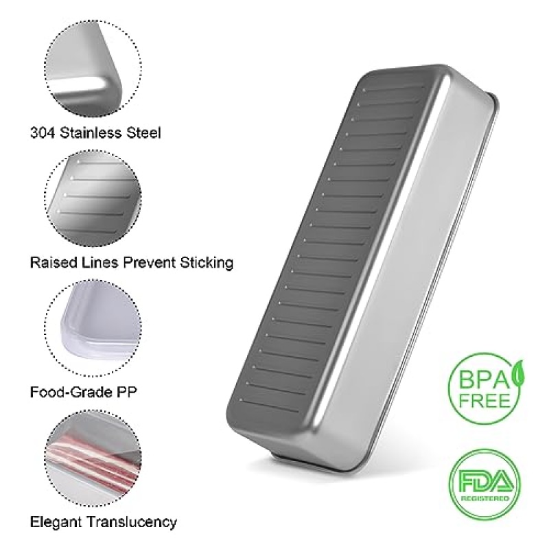 SIUDANGKA 냉장고용 2팩 베이컨 용기, 냉장고용 스테인레스 스틸 밀폐 델리 고기 용기