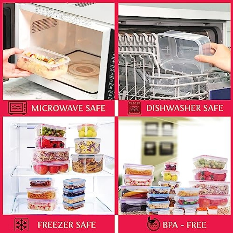 뚜껑이 있는 50개 대형 식품 저장 용기 밀폐형 - 85 OZ 소스 상자 - 총 526 Oz BPA 무료 식품 저장실 주방 조직용 플라스틱 쌓을 수 있는 식사 준비 용기, 전자레인지 안전 펜 라벨