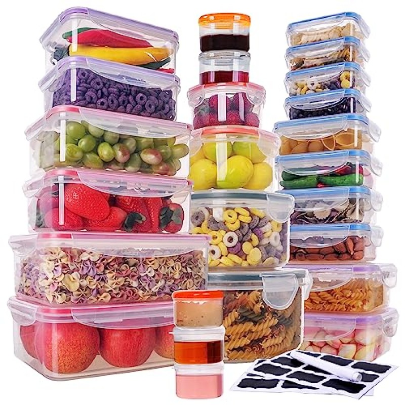 뚜껑이 있는 50개 대형 식품 저장 용기 밀폐형 - 85 OZ 소스 상자 - 총 526 Oz BPA 무료 식품 저장실 주방 조직용 플라스틱 쌓을 수 있는 식사 준비 용기, 전자레인지 안전 펜 라벨