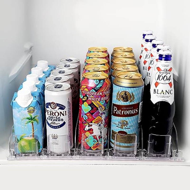 냉장고용 소다 캔 디스펜서, 자동 푸셔 글라이드가 있는 소다 캔 정리함 - 소다, 맥주 및 기타 음료에 적합한 냉장고용 음료 정리함 - 검정색