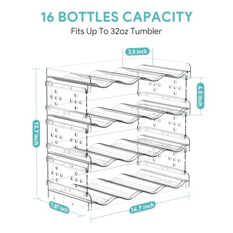 4단 물병 정리함 - 16병, 캐비닛, 조리대, 식료품 저장실 및 냉장고용 쌓을 수 있는 컵 정리함, 와인 및 음료병용 독립형 주방 텀블러 보관 홀더, 투명 플라스틱
