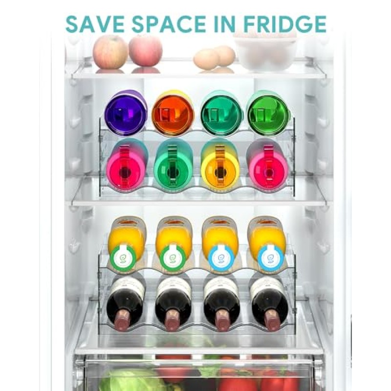 4단 물병 정리함 - 16병, 캐비닛, 조리대, 식료품 저장실 및 냉장고용 쌓을 수 있는 컵 정리함, 와인 및 음료병용 독립형 주방 텀블러 보관 홀더, 투명 플라스틱