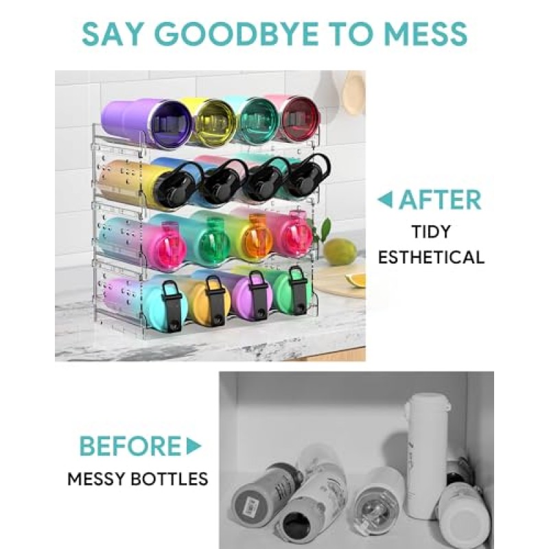 4단 물병 정리함 - 16병, 캐비닛, 조리대, 식료품 저장실 및 냉장고용 쌓을 수 있는 컵 정리함, 와인 및 음료병용 독립형 주방 텀블러 보관 홀더, 투명 플라스틱