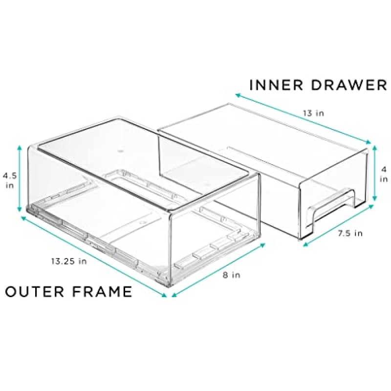 소르버스 냉장고 서랍 - 투명 쌓을 수 있는 풀아웃 냉장고 정리함 - 주방, 냉장고, 냉동고, 화장대 및 냉장고 정리 및 보관용 식품 보관 용기(2팩 | 중형)