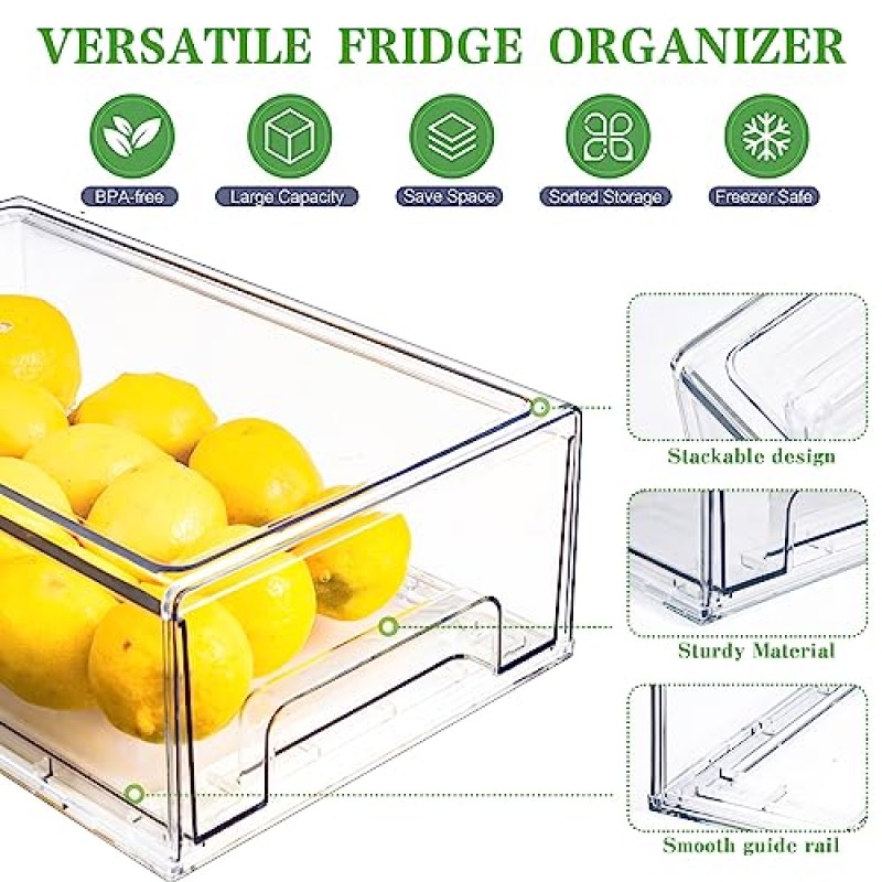 Totexil 냉장고 서랍, 투명 쌓을 수 있는 풀아웃 냉장고 정리함 2팩, BPA 없는 플라스틱 식품 저장실 정리 및 보관, 주방 캐비닛 사무실용 서랍이 있는 투명 보관함(대형)