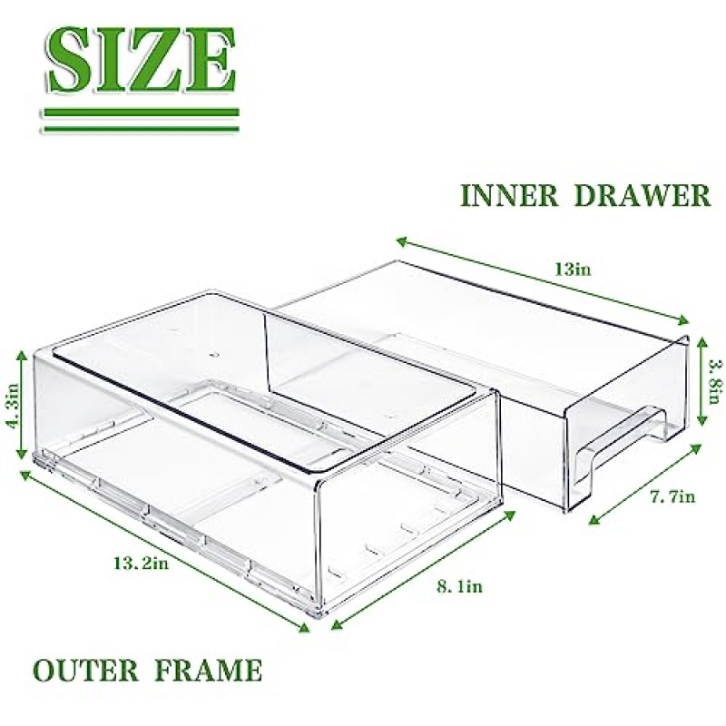 Totexil 냉장고 서랍, 투명 쌓을 수 있는 풀아웃 냉장고 정리함 2팩, BPA 없는 플라스틱 식품 저장실 정리 및 보관, 주방 캐비닛 사무실용 서랍이 있는 투명 보관함(대형)