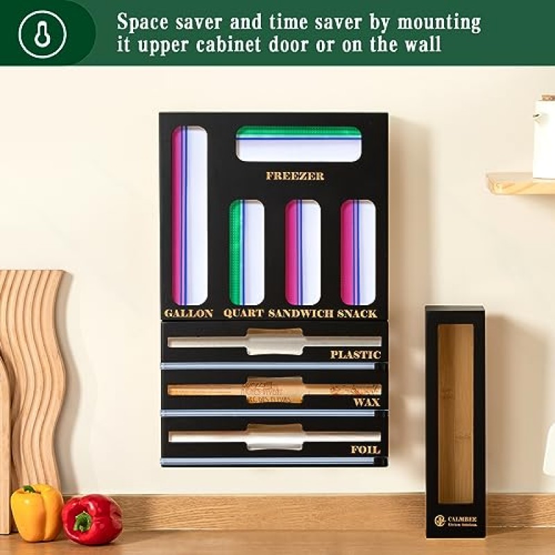 Calmbee 9 IN 1 주방 서랍용 보관 가방 정리함, 대나무 호일 및 커터가 포함된 플라스틱 랩 정리함, 주방 정리함 및 갤런, 쿼트, 샌드위치 및 스낵 크기와 호환되는 보관함