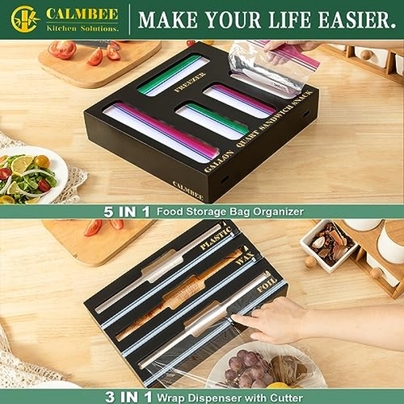 Calmbee 9 IN 1 주방 서랍용 보관 가방 정리함, 대나무 호일 및 커터가 포함된 플라스틱 랩 정리함, 주방 정리함 및 갤런, 쿼트, 샌드위치 및 스낵 크기와 호환되는 보관함