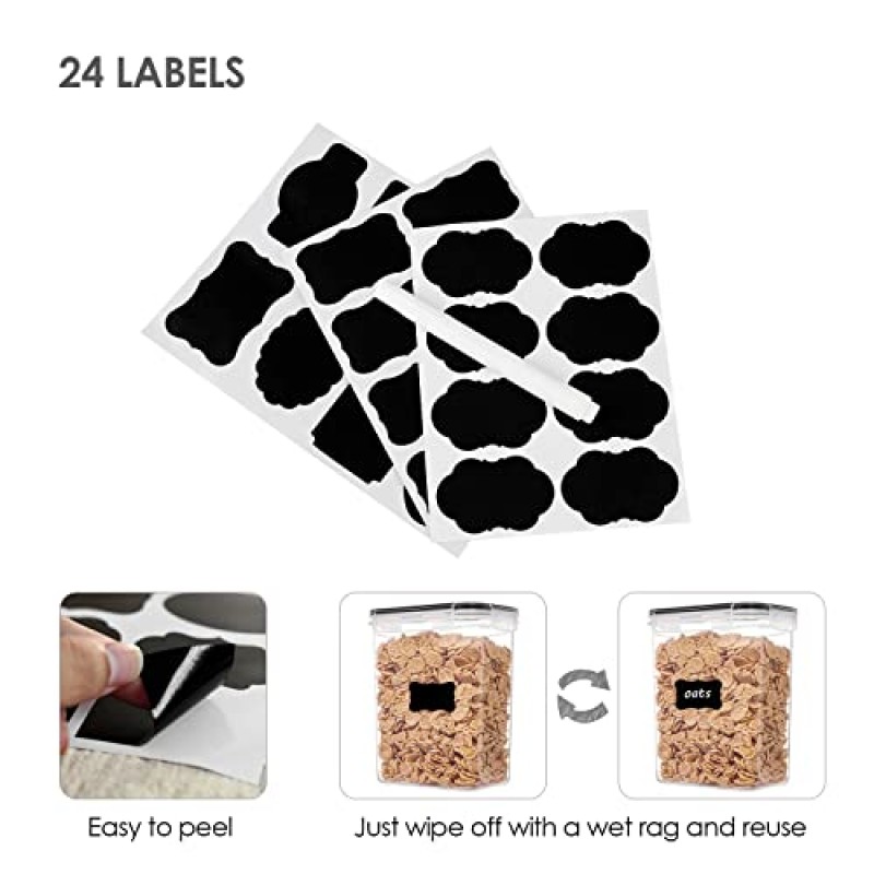 Vtopmart 밀폐 식품 보관 용기 12개 1.5qt / 1.6L - 설탕, 밀가루 및 베이킹 용품용 플라스틱 BPA 프리 주방 식료품 저장실 보관 용기 - 식기세척기 사용 가능 - 라벨 24개 포함, 검정색