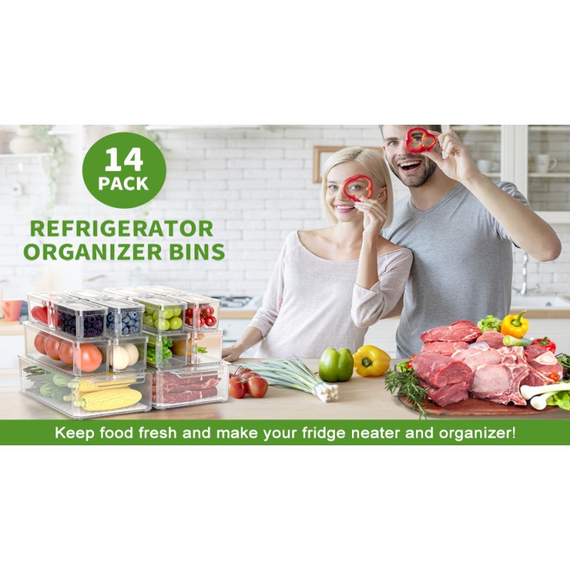 BOICHU 냉장고 정리함 및 보관 - 뚜껑이 있는 투명 냉장고 정리함 14개, 쌓을 수 있는 3개 크기의 냉장고 정리함, 냉장고용 과일 용기, 계란 포도 토마토 등을 신선하게 유지