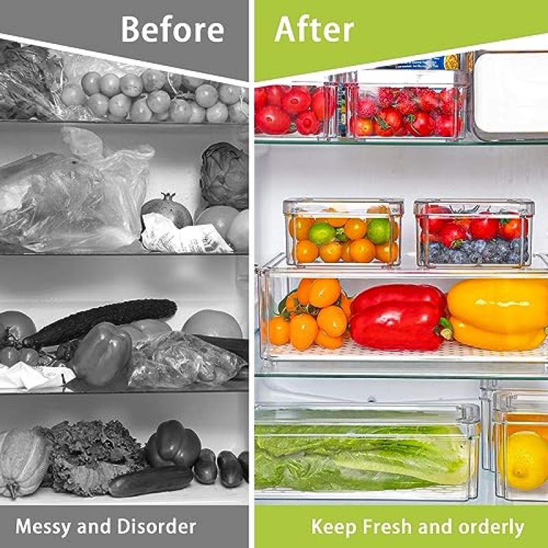 Moretoes 8개 냉장고 정리함, 미니 냉장고 정리함, 냉장고 정리함 및 보관함, 4개 크기 뚜껑이 있는 냉장고용 과일 용기, 식품 야채 음료 주방용