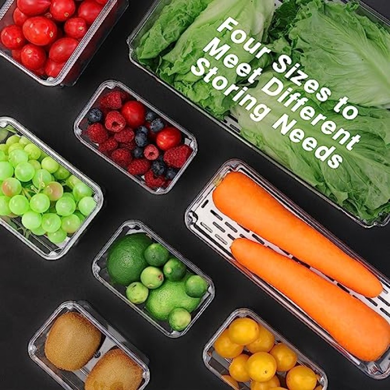 Moretoes 8개 냉장고 정리함, 미니 냉장고 정리함, 냉장고 정리함 및 보관함, 4개 크기 뚜껑이 있는 냉장고용 과일 용기, 식품 야채 음료 주방용