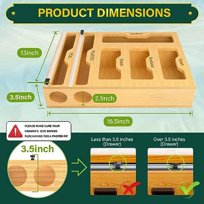 KOCWELL 가방 정리함 및 커터가 포함된 플라스틱 랩 디스펜서, 주방 서랍용 대나무 호일 및 플라스틱 랩 정리함 6개, 갤런, 쿼트, 샌드위치, 스낵용 식품 보관 가방 정리함