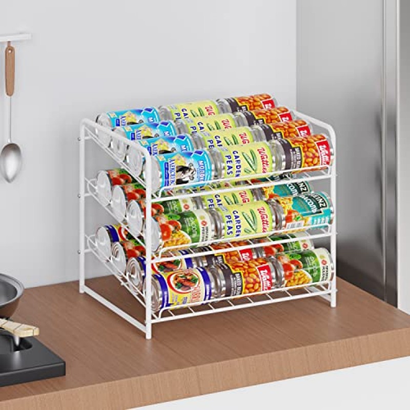 심플한 트렌드의 금속 캔 랙 정리함, 주방 캐비닛 또는 식료품 저장실용 쌓을 수 있는 캔 보관 디스펜서, 흰색