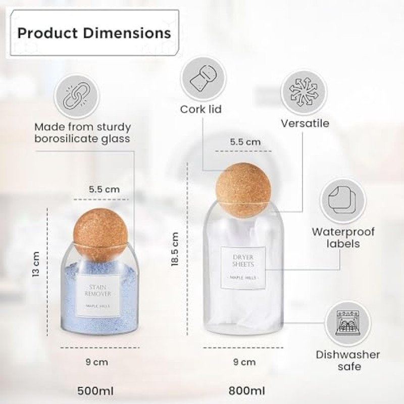 뚜껑이 있는 유리 용기 - 기능성 세탁 정리함 및 보관 용기 - 코르크가 있는 다용도 유리병 및 용기용 세탁 라벨
