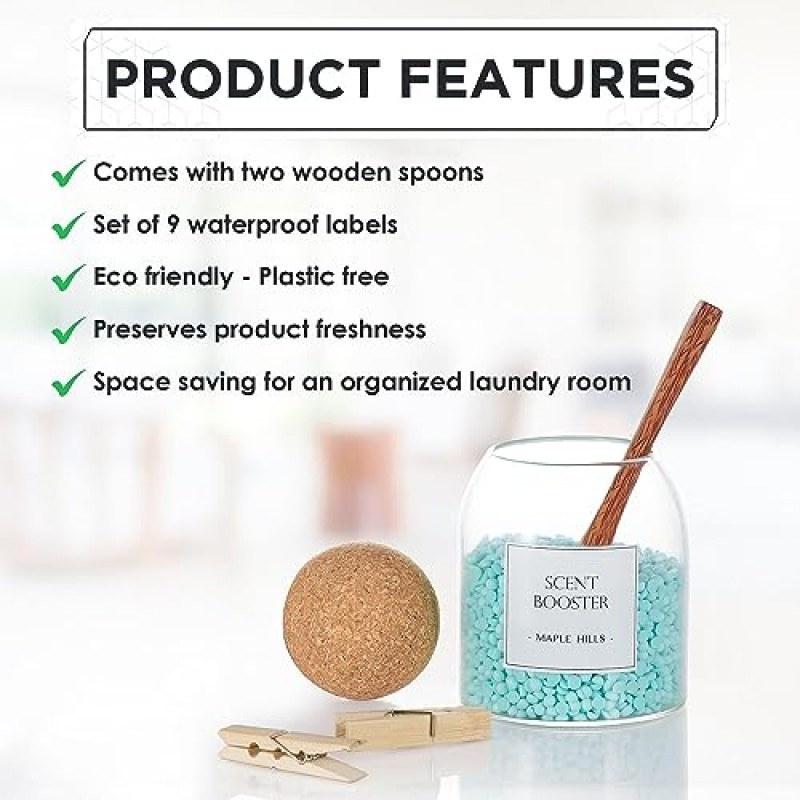 뚜껑이 있는 유리 용기 - 기능성 세탁 정리함 및 보관 용기 - 코르크가 있는 다용도 유리병 및 용기용 세탁 라벨