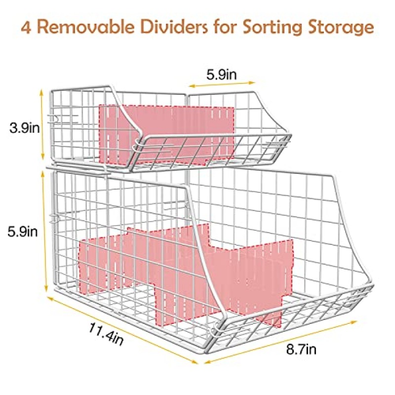 보관용 식료품 저장실을 위한 2단 쌓을 수 있는 철망 바구니, 탈착식 칸막이가 있는 벽걸이 바구니 스낵 과일 야채 통조림 식품용 조리대 바구니 정리함, 흰색