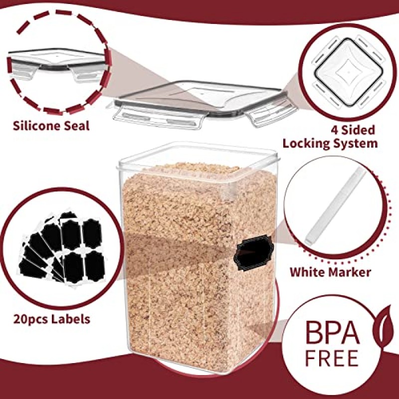 PRAKI 대형 밀폐 식품 저장 용기, 10PCS BPA 무료 플라스틱 시리얼 저장 용기, 설탕, 밀가루, 라벨 및 마크가 있는 베이킹 용품을 위한 주방 및 식품 저장실 조직