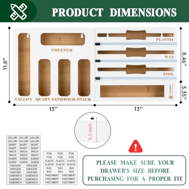 Calmbee 9 IN 1 주방 서랍용 보관 가방 정리함, 대나무 호일 및 커터가 포함된 플라스틱 랩 정리함, 주방 정리함 및 갤런, 쿼트, 샌드위치 및 스낵 크기와 호환되는 보관함