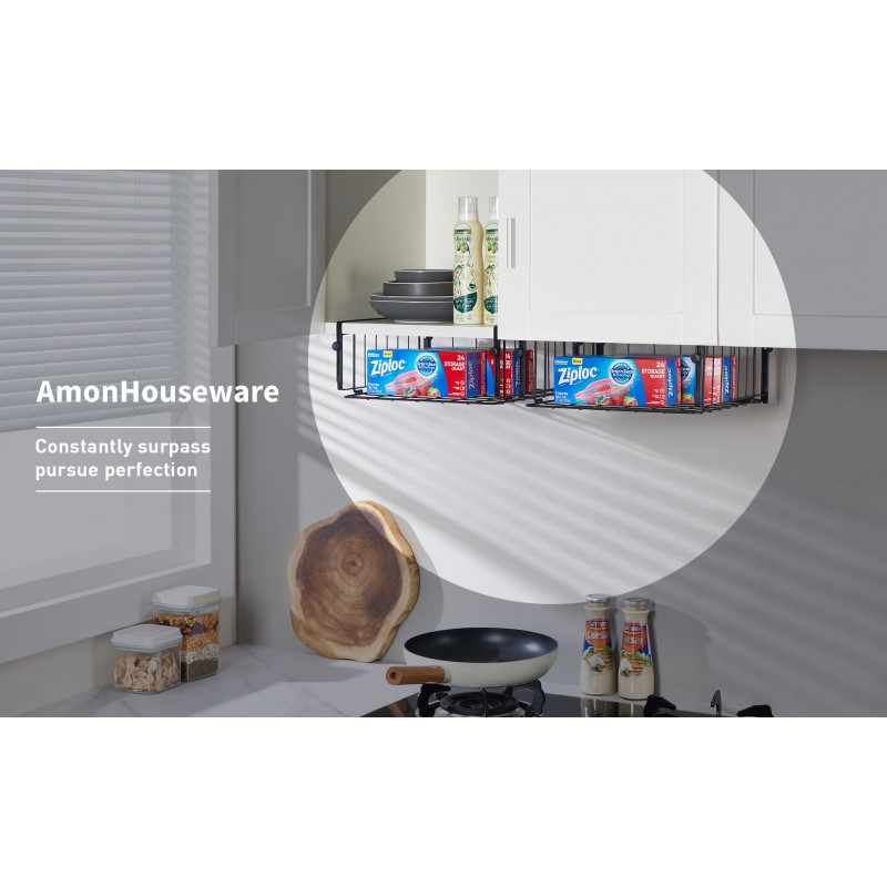 AmonHouseware 선반 보관 바구니 아래에 걸 수 있는 2팩, 캐비닛 아래 조절 가능 추가 보관 랙 슬라이드인 바구니 세탁실용 정리함 주방 식료품 저장실 책상 책장, 검정색