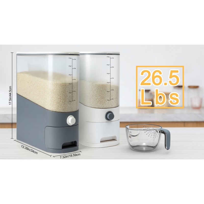 Tomus-UNI 26.5파운드 쌀 디스펜서, 계량 컵이 포함된 대형 밀봉 통합 곡물 용기 보관함, 식품 디스펜서 쌀, 콩, 소형 건조 식품용 주방 정리
