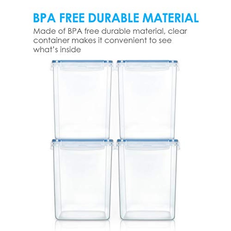Vtopmart 대형 식품 저장 용기 5.2L / 176oz, 4개 밀가루, 설탕, 베이킹 용품용 BPA 무함유 플라스틱 밀폐 식품 저장 용기, 측정 컵 4개 및 라벨 24개 포함, 파란색