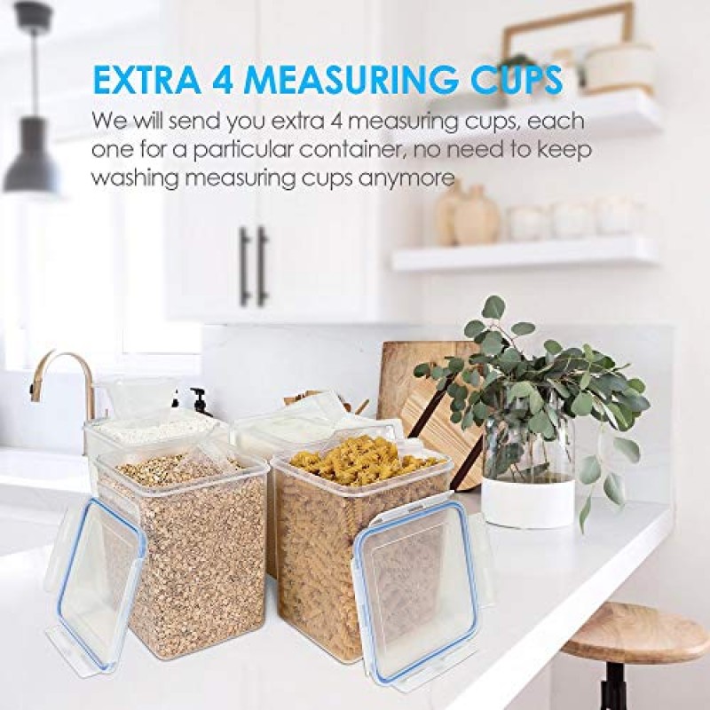 Vtopmart 대형 식품 저장 용기 5.2L / 176oz, 4개 밀가루, 설탕, 베이킹 용품용 BPA 무함유 플라스틱 밀폐 식품 저장 용기, 측정 컵 4개 및 라벨 24개 포함, 파란색