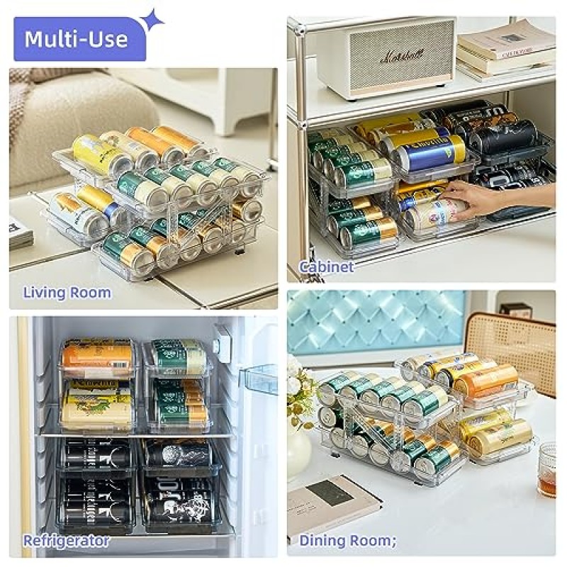 Ynelyase 소다 캔 디스펜서 주최자 냉장고 용 미니 스키니 및 팝 캔 홀더 음료수 저장 공간 조절 가능 (2 팩 클리어)