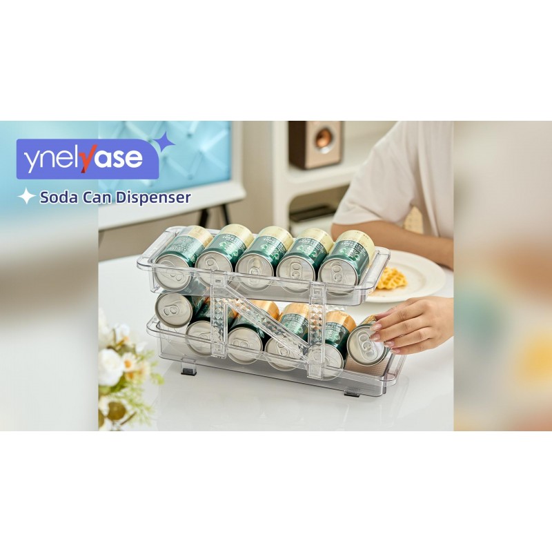 Ynelyase 소다 캔 디스펜서 주최자 냉장고 용 미니 스키니 및 팝 캔 홀더 음료수 저장 공간 조절 가능 (2 팩 클리어)
