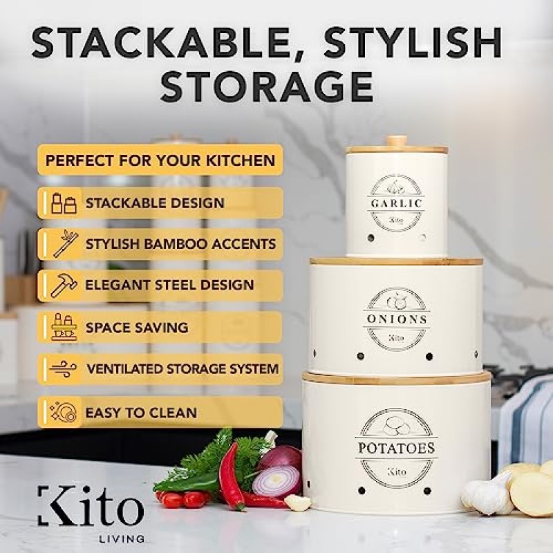 주방 카운터용 Kito LIVING 캐니스터 세트, 식료품 저장실 정리용 마늘 감자 양파 키퍼 주방 캐니스터 3개 및 나무 대나무 뚜껑이 있는 보관함(크림)